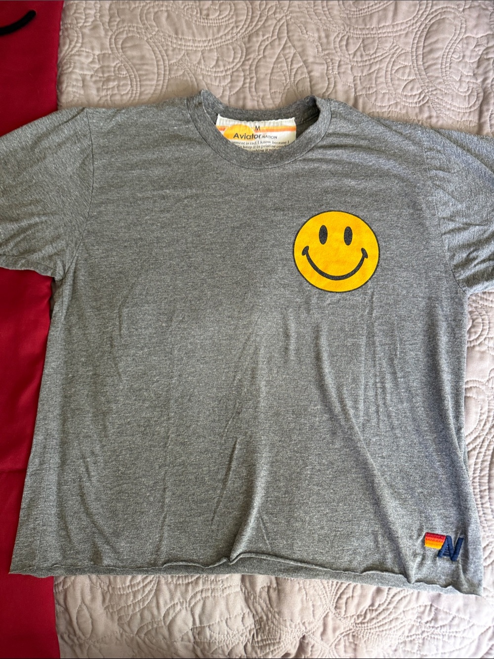 Aviator Nation junior size MGray Tee with Yellow Smiley Chest Patch for women